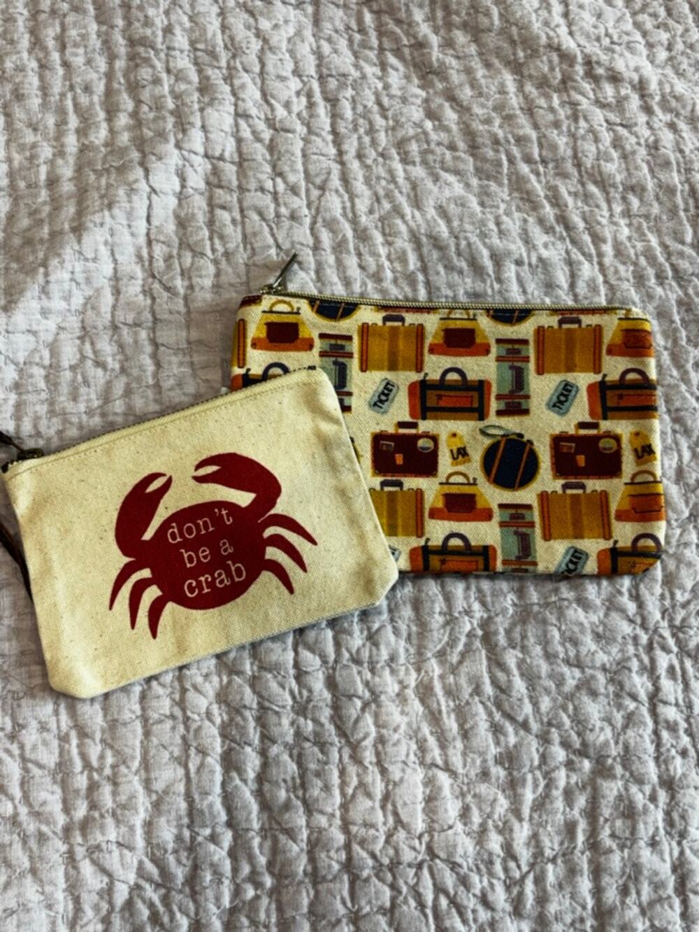 Lot 2 Canvas Zipper Pouches Molly & Rex Travel + "Don't Be a Crab" Cosmetic Bag